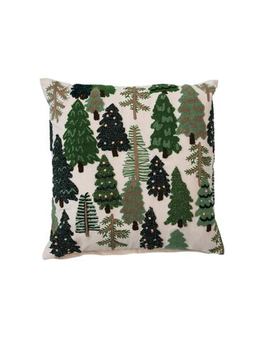 Square Embroidered Pillow with Trees & French Knots, 20"