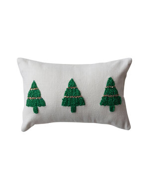 Cotton Slub Lumbar Pillow w/ Embroidered Christmas Trees, 14"x 9"