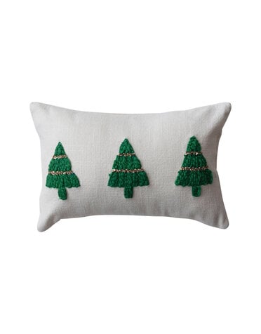 Cotton Slub Lumbar Pillow w/ Embroidered Christmas Trees, 14"x 9"