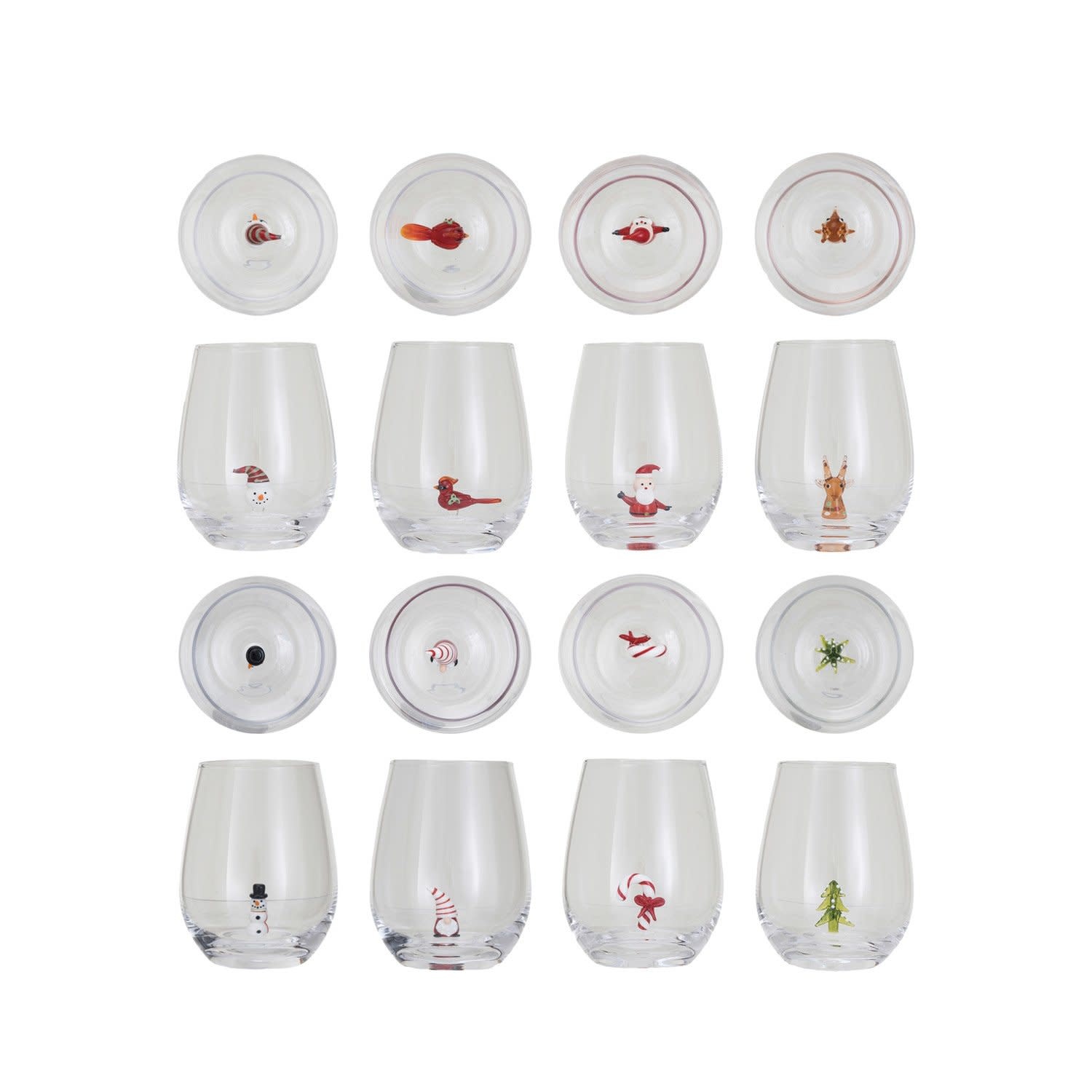 Assorted Stemless Wine Glass w/ Holiday Figure Inside, 5"H