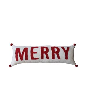 Lumbar Pillow w/ Appliqued "Merry" & Pom Poms, 36"x 12"