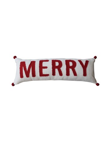 Lumbar Pillow w/ Appliqued "Merry" & Pom Poms, 36"x 12"