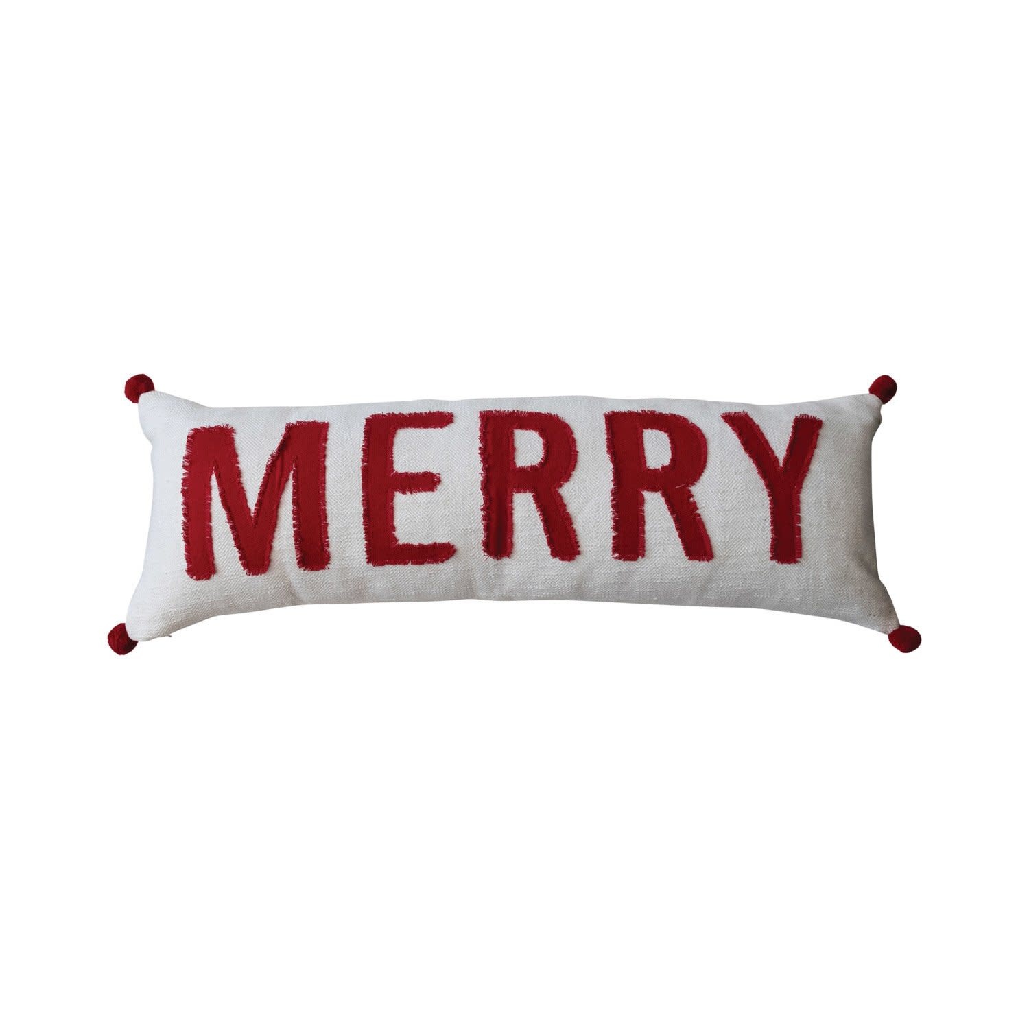 Lumbar Pillow w/ Appliqued "Merry" & Pom Poms, 36"x 12"
