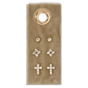 Splendid Iris Pave Earrings, Square and Cross, Gold, Set of Three