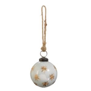 Ivory with Gold Star Etched Ball Ornament, 3 in.