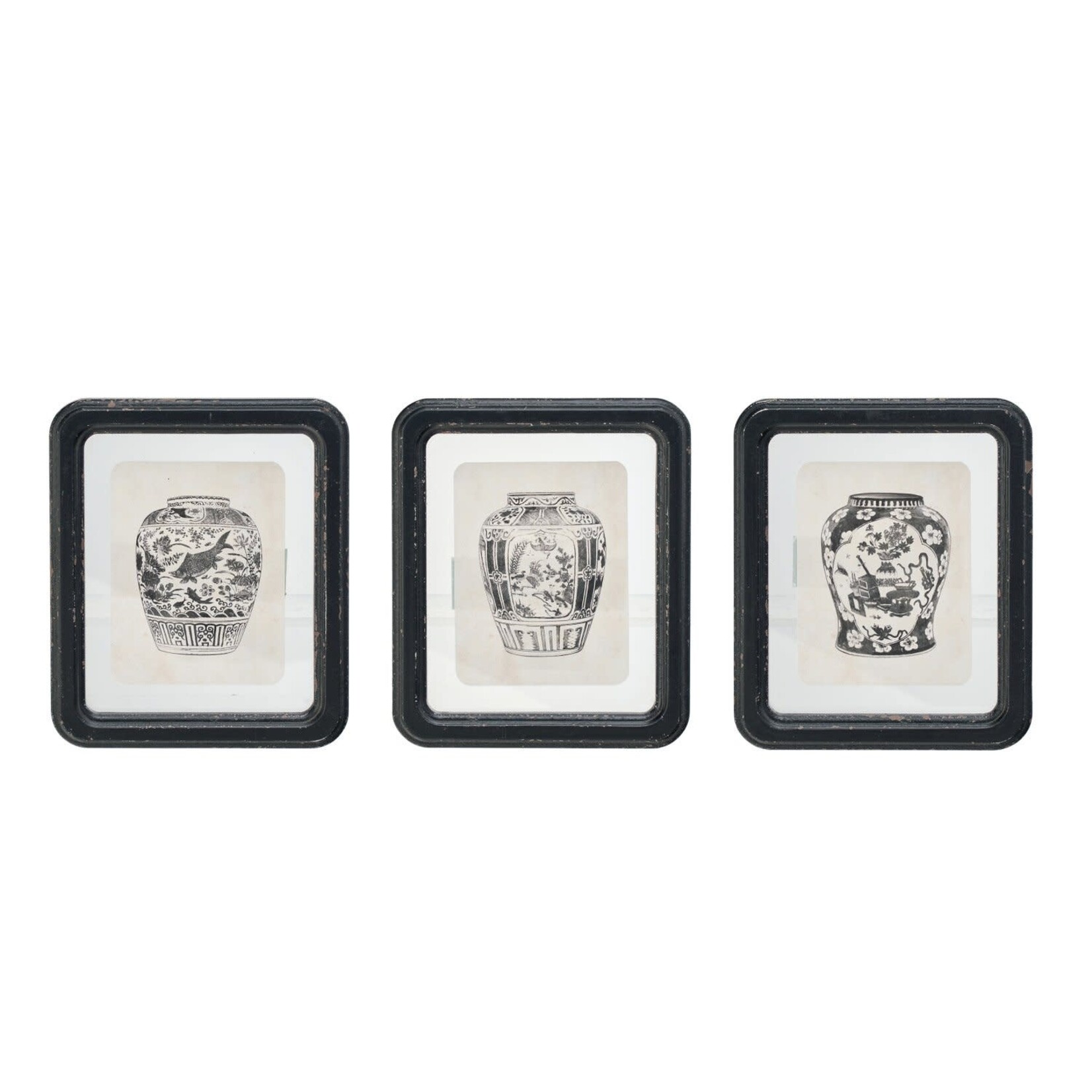 Wood Framed Glass Wall Decor w/ Floating Vase Print, 7"x 8"