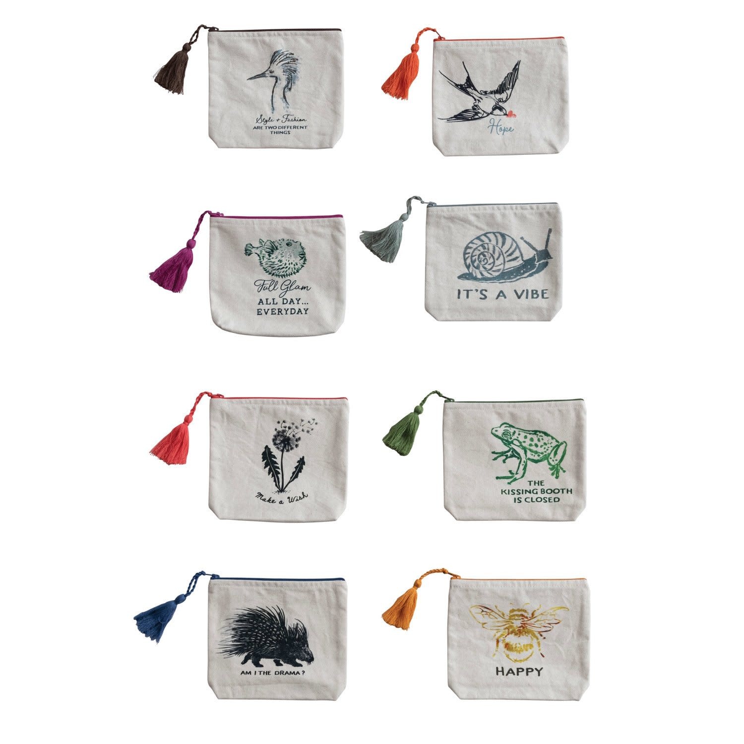 Assorted Zip Pouch w/ Saying & Tassel, 6"