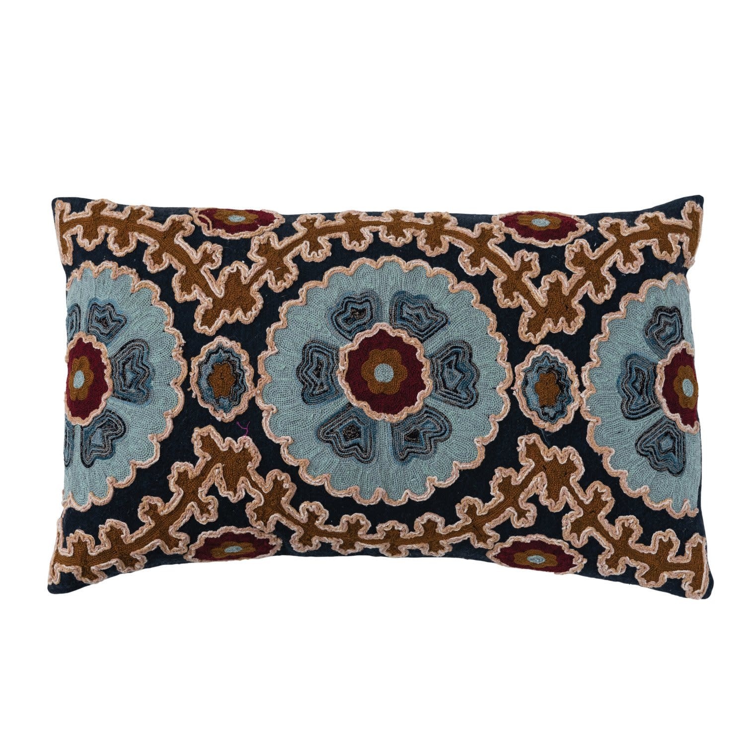 Embroidered Lumbar Pillow w/ Design & Chambray Back, 24"x 16"