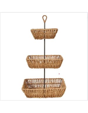 Decorative Hand-Woven Seagrass 3-Tier Tray w/ Handle 13" Square x 25"H