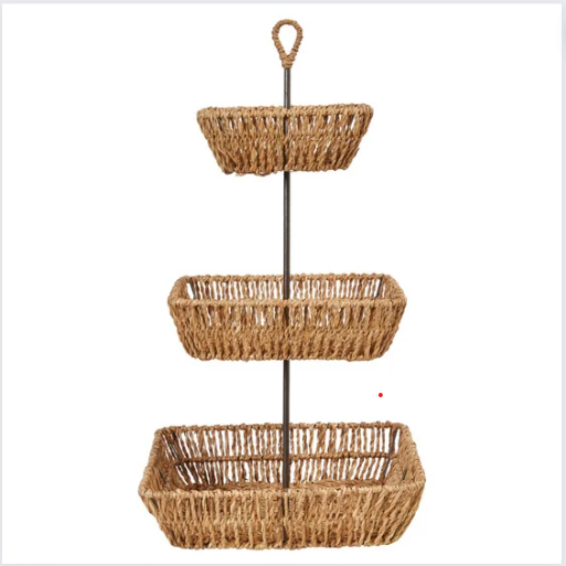 Decorative Hand-Woven Seagrass 3-Tier Tray w/ Handle 13" Square x 25"H