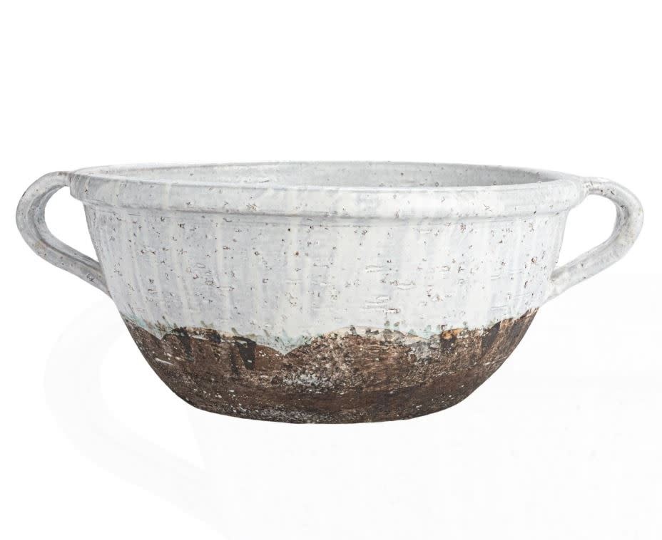 Terra-cotta Bowl with Handles, Distressed White,  available for in-store pickup