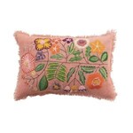 Cotton Lumbar Pillow w/ Embroidered Flowers & Eyelash Fringe, 24 X 16"