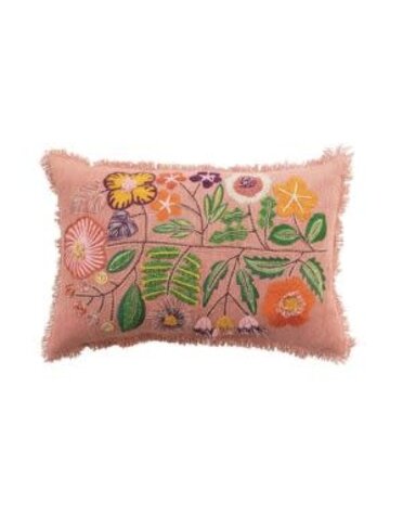 Cotton Lumbar Pillow w/ Embroidered Flowers & Eyelash Fringe, 24 X 16"