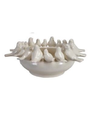 Stoneware Bowl/Planter w/ Birds on Rim, White, 15"
