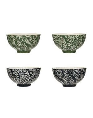 Stoneware Bowl w/ Wax Relief Botanicals, Assorted, Priced Individually, 4.75 in.