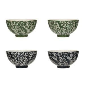 Stoneware Bowl w/ Wax Relief Botanicals, Assorted, Priced Individually, 4.75 in.