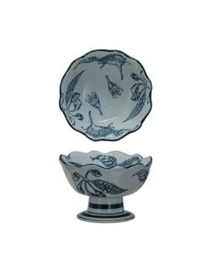 Scalloped Stoneware Botantical Footed Bowl, Blue and White, 5.75 in.