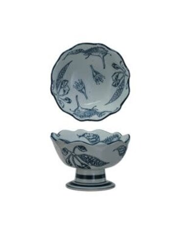 Scalloped Stoneware Botantical Footed Bowl, Blue and White, 5.75 in.