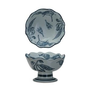 Scalloped Stoneware Botantical Footed Bowl, Blue and White, 5.75 in.