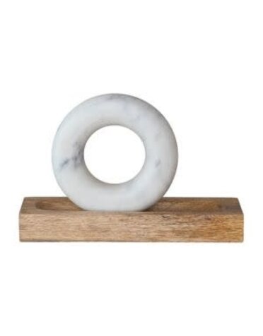 Mango Wood Mortar with Marble Ring Shaped Pestle, Natural & White, 11 in.