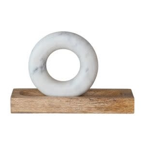 Mango Wood Mortar with Marble Ring Shaped Pestle, Natural & White, 11 in.
