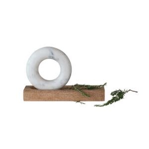 Mango Wood Mortar with Marble Ring Shaped Pestle, Natural & White, 11 in.