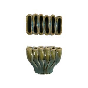 Stoneware Sculptural Vase with 6 Sections, Green, 4.25 X 2.5 X 3