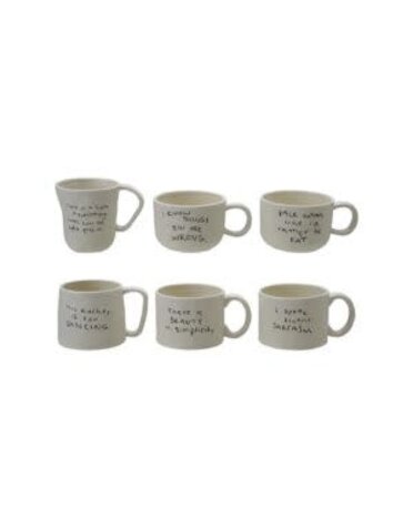 Stoneware Mug with Saying, White & Black, Assorted Styles, 12 oz.