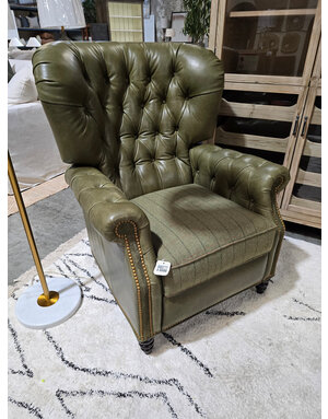 Sherrill Recliner L1662, Odelm Recliner, Green Leather w/Cont Fabric