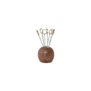 Mango Wood Holder w/ (8) Stainless Steel & Brass Appetizer Picks, 2.25 in.