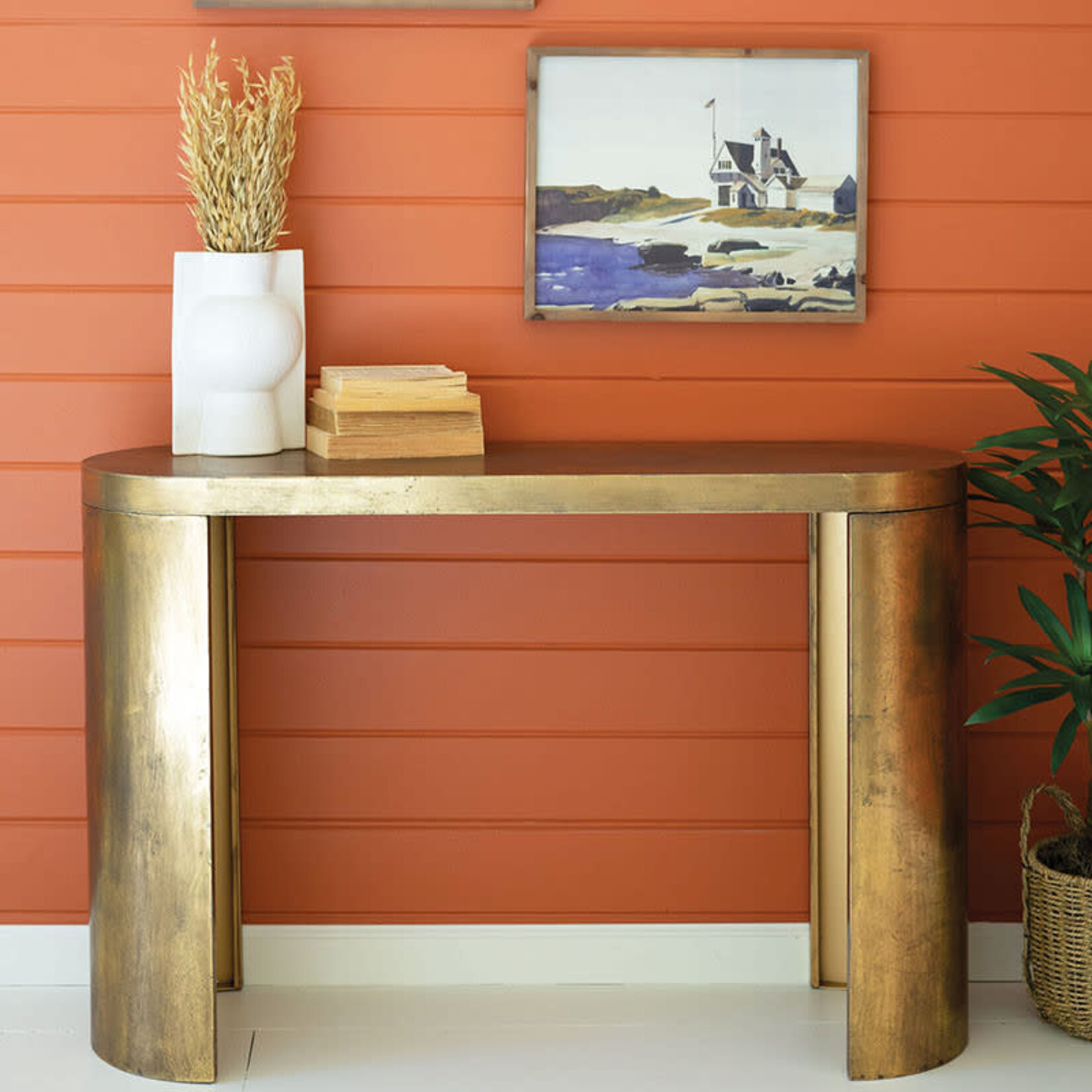 Oval Antique Brass Console Table, 48 x 15 x 32