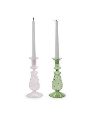 Two's Company Verre Hand-Crafted Taper Candle Holder, Pink or Green, Large, 12.25 in.
