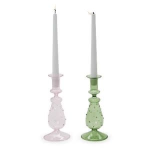 Two's Company Verre Hand-Crafted Taper Candle Holder, Pink or Green, Large, 12.25 in.