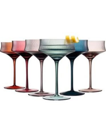 Khen Vintage Art Deco Coupe Glasses, 6.76 oz., Set of 6, Muted Rainbow