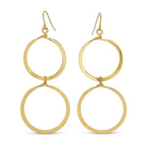 Splendid Iris Long Lightly Hammered Double Open Circle Earrings, Gold
