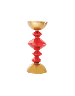 Glass & Metal Pillar Holder, Red & Antique Gold Finish, Holds 4" Pillar, 10"
