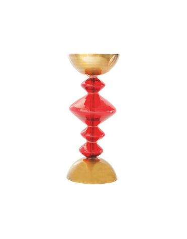 Glass & Metal Pillar Holder, Red & Antique Gold Finish, Holds 4" Pillar, 10"