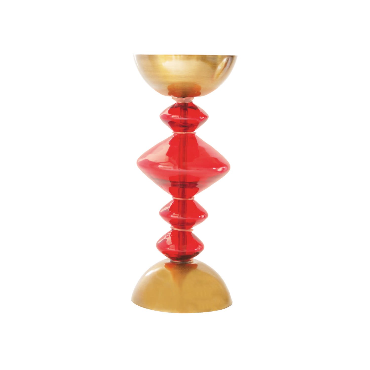 Glass & Metal Pillar Holder, Red & Antique Gold Finish, Holds 4" Pillar, 10"