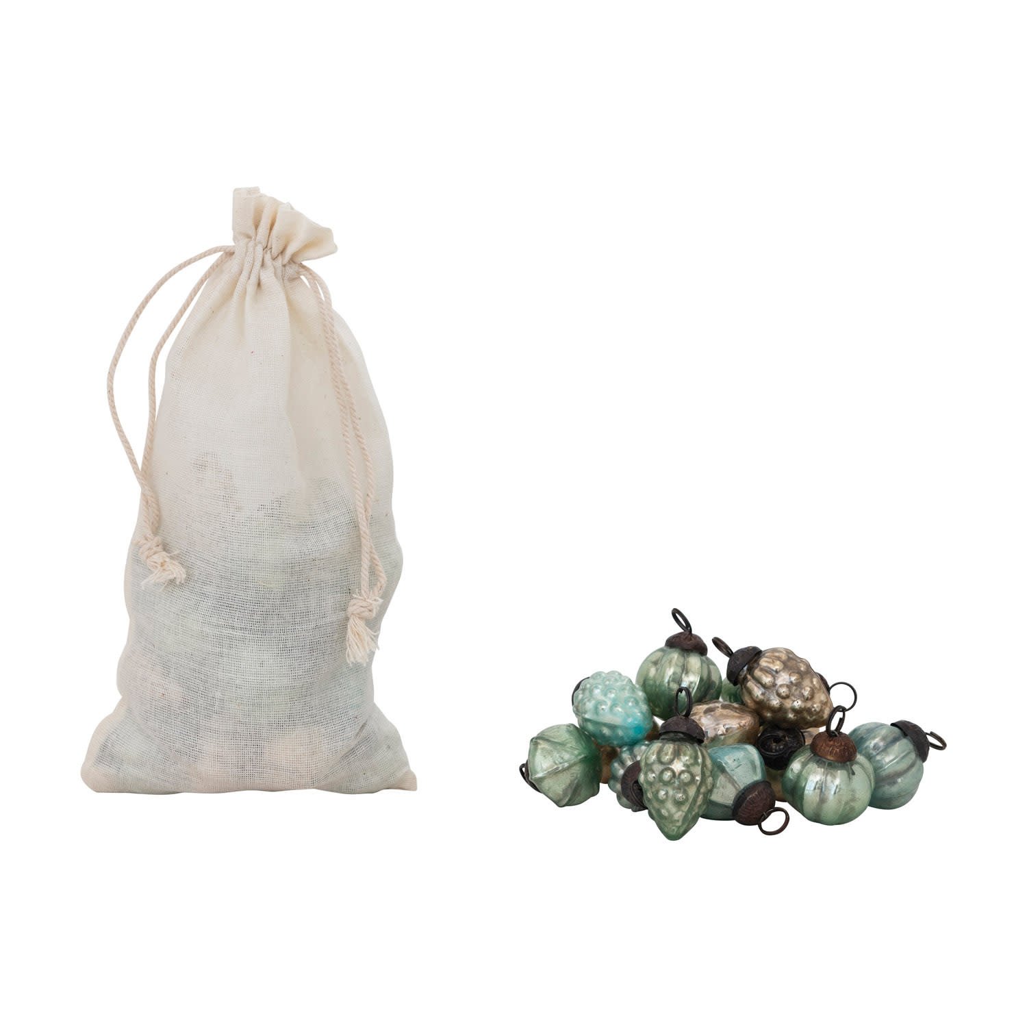 Mercury Glass Ornaments in Muslin Bag, Green, 1"