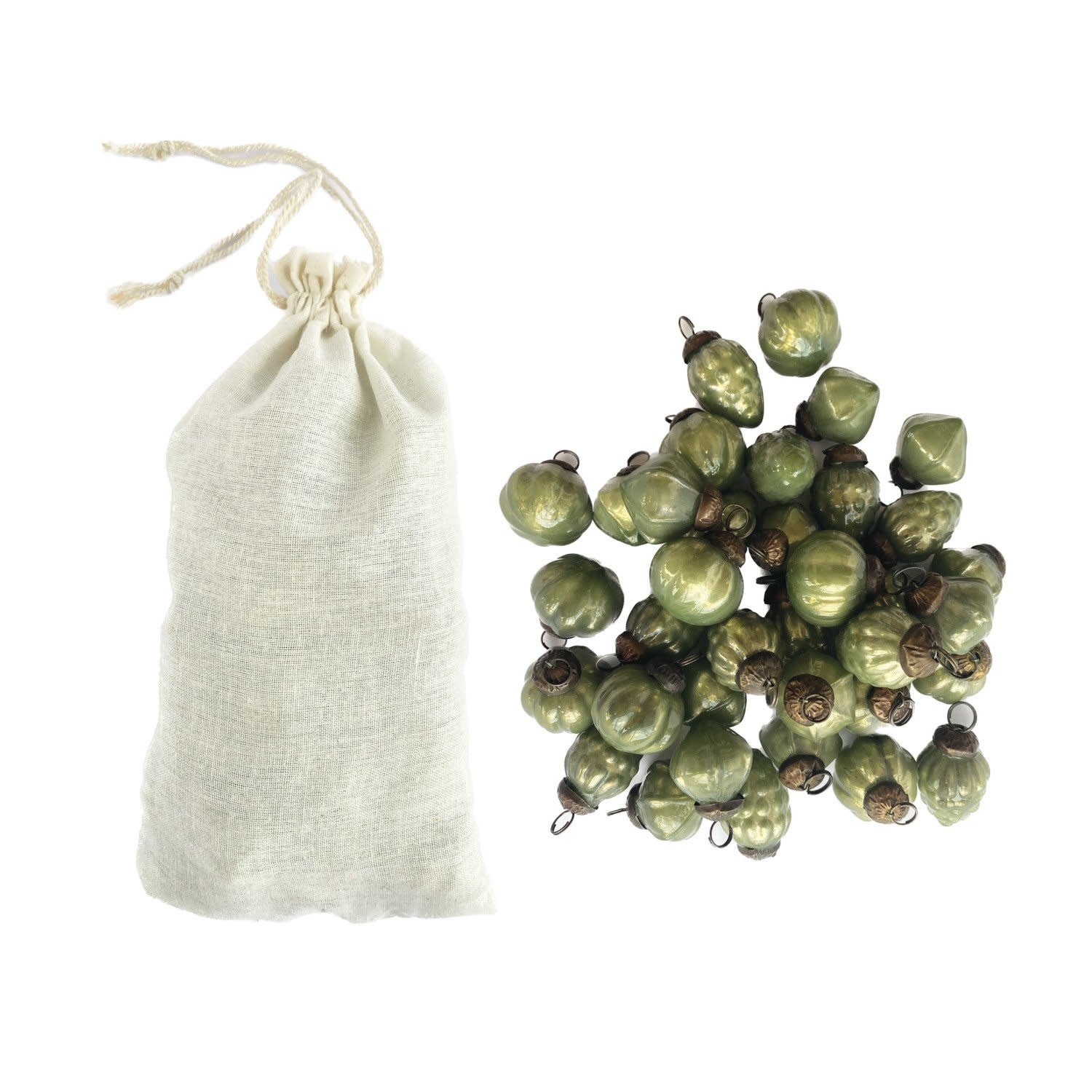 Mercury Glass Ornaments in Muslin Bag, Green, 1"