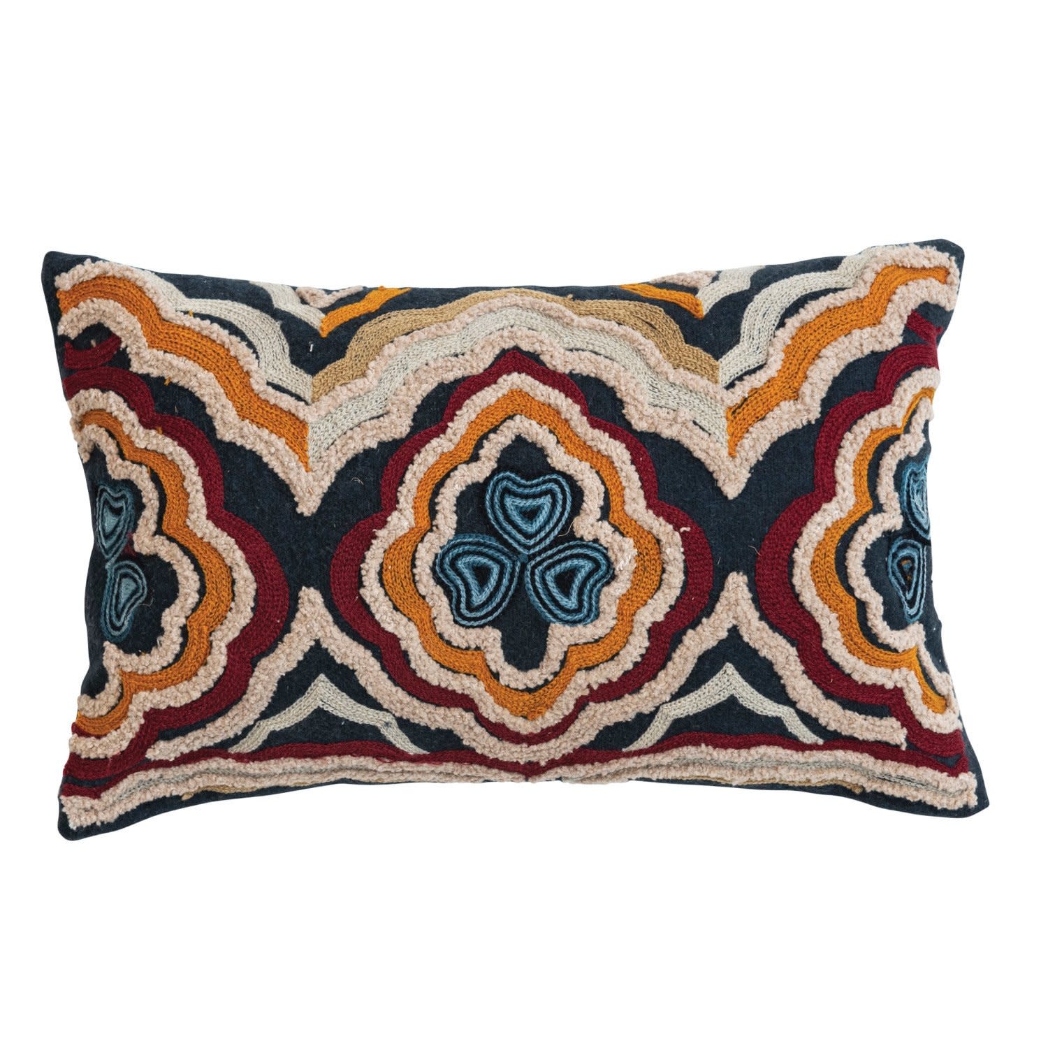 Lumbar Pillow w/ Embroidered Colorful Design, 14"x 9"