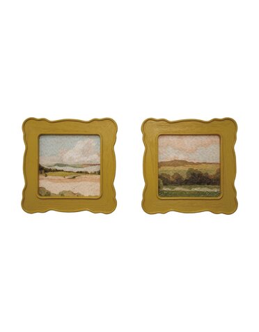 Slub Fabric Wall Decor with Scalloped Wood Frame, 11"