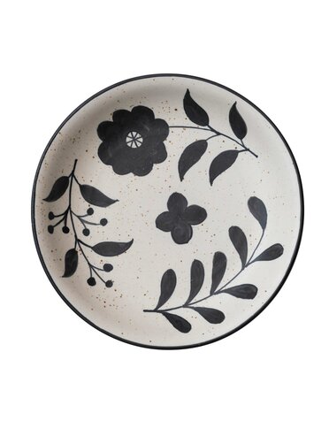 Hand Painted Stoneware Bowl with Floral Design, Black & White, 14"Rnd