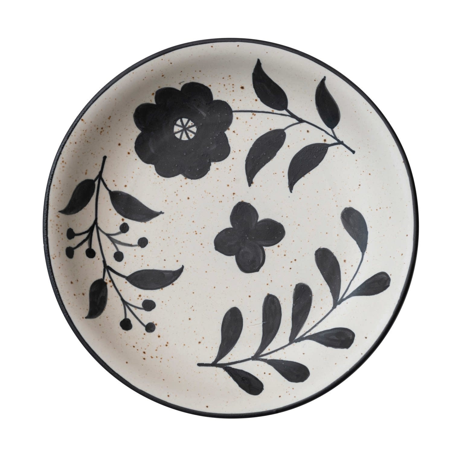 Hand Painted Stoneware Bowl with Floral Design, Black & White, 14"Rnd