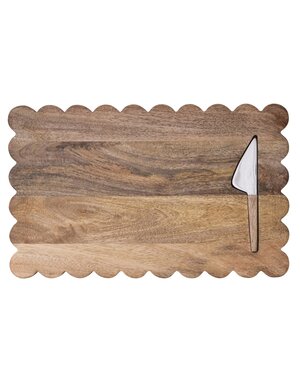 Scalloped Mango Wood Cheese/Serving Board with Stainless Steel Cheese Knife, 16"x 10"