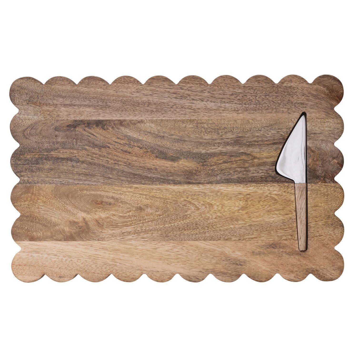 Scalloped Mango Wood Cheese/Serving Board with Stainless Steel Cheese Knife, 16"x 10"