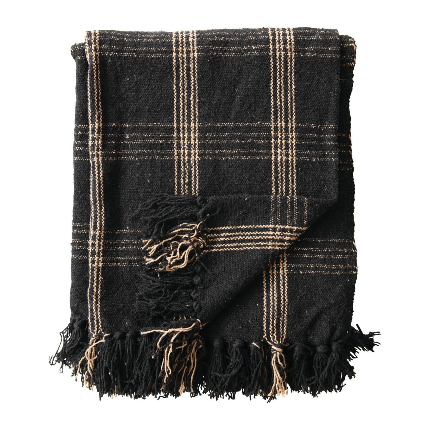 Woven Cotton Blend Throw with Fringe, Black & Tan, 60 X 50 in.