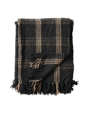 Woven Cotton Blend Throw with Fringe, Black & Tan, 60"x 50"