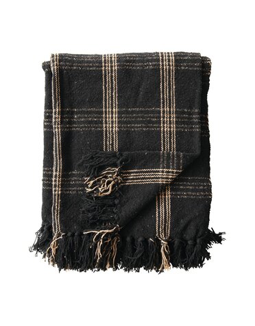 Woven Cotton Blend Throw with Fringe, Black & Tan, 60"x 50"