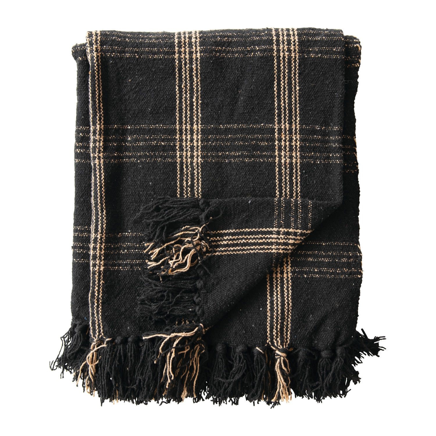 Woven Cotton Blend Throw with Fringe, Black & Tan, 60"x 50"